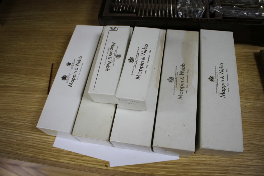 A Mappin & Webb oak cased canteen of plated flatware and cutlery for eight, with additional individually boxed items